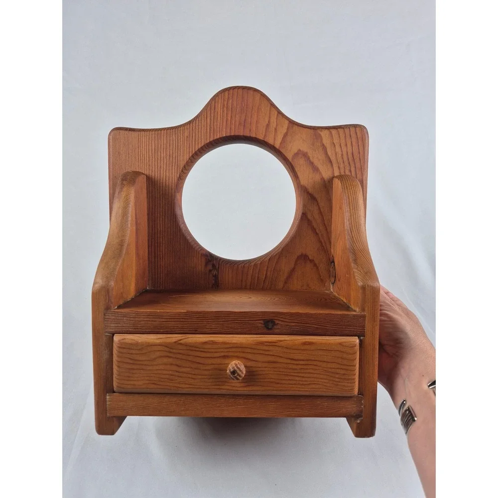 Vintage 1987 Wood Wall Vanity Mirror Shelf Drawer Primitive Country Handmade